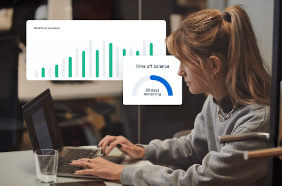 : A woman in an office, sitting in front of a laptop, with UI elements floating behind her.