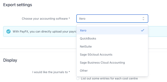 PayFit's payroll journal export settings
