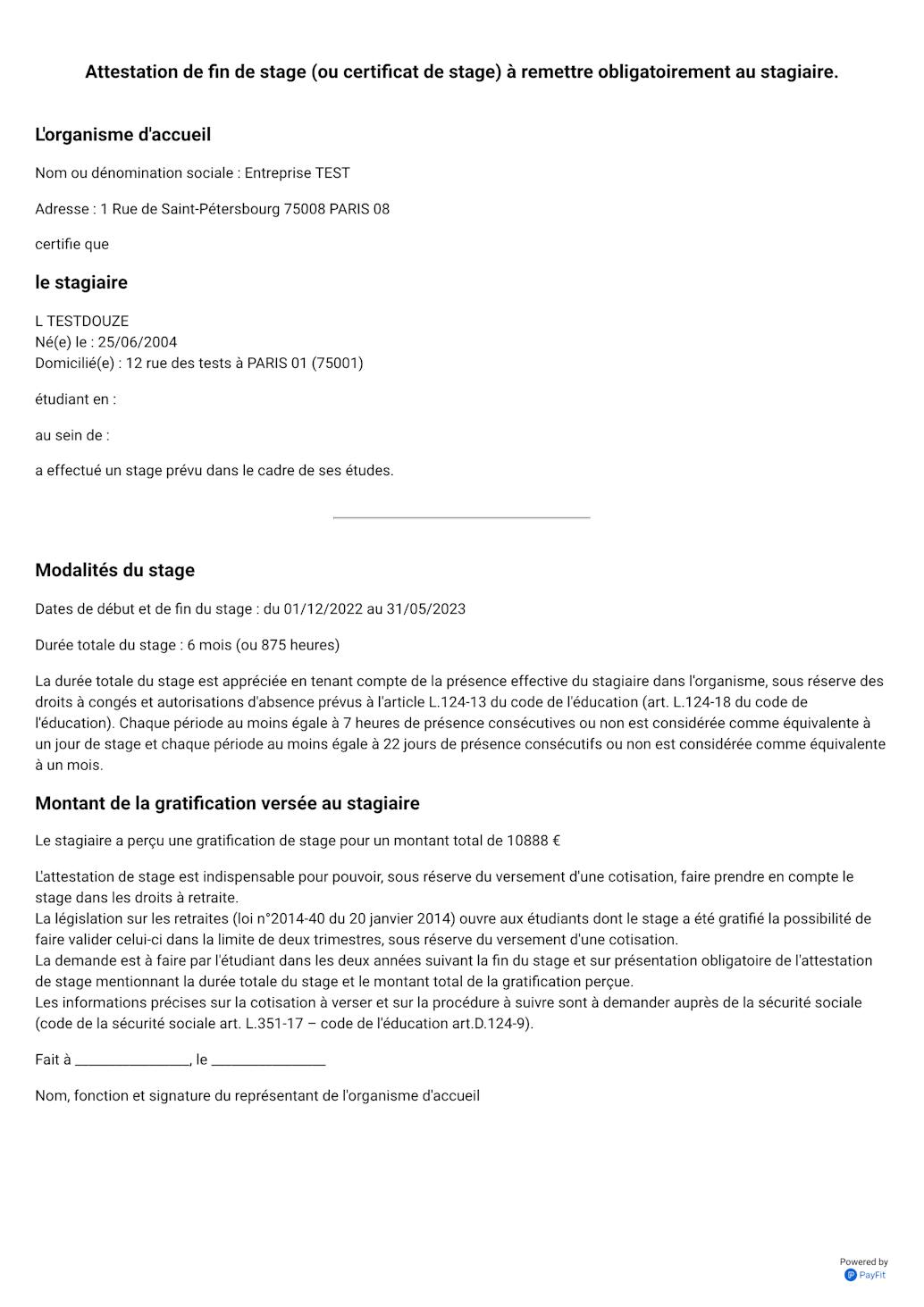 Modèle d'attestation de fin stage