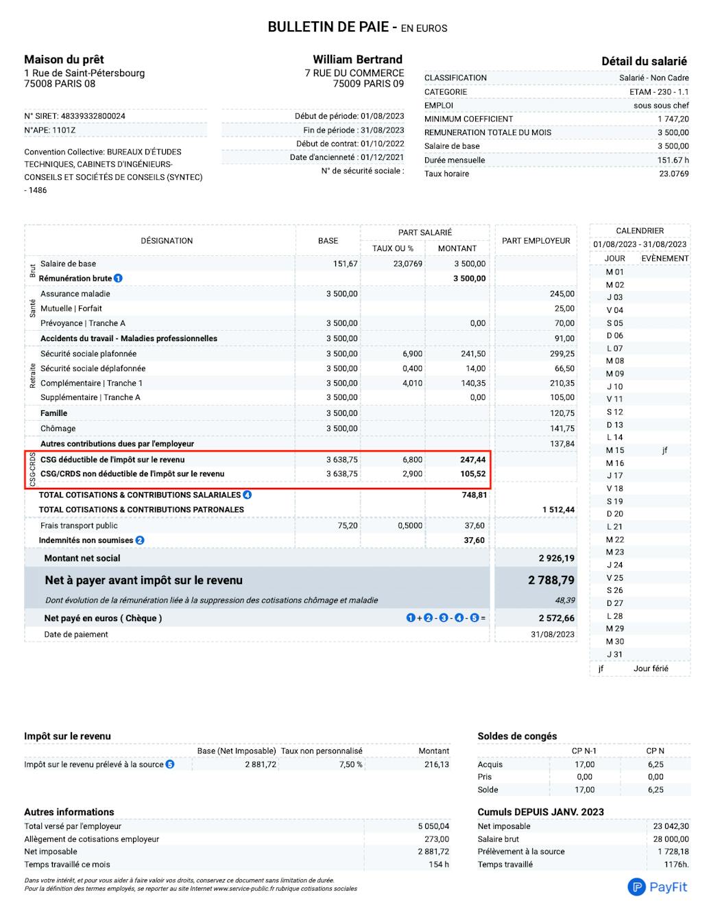 RDS sur la fiche de paie