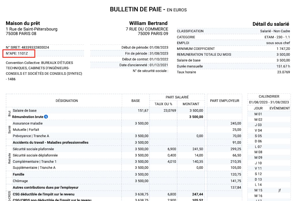code entreprise sur la fiche de paie