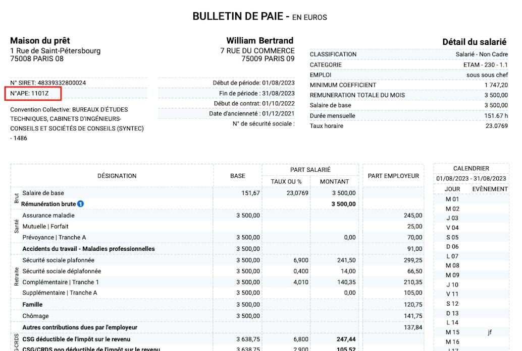 code entreprise sur la fiche de paie