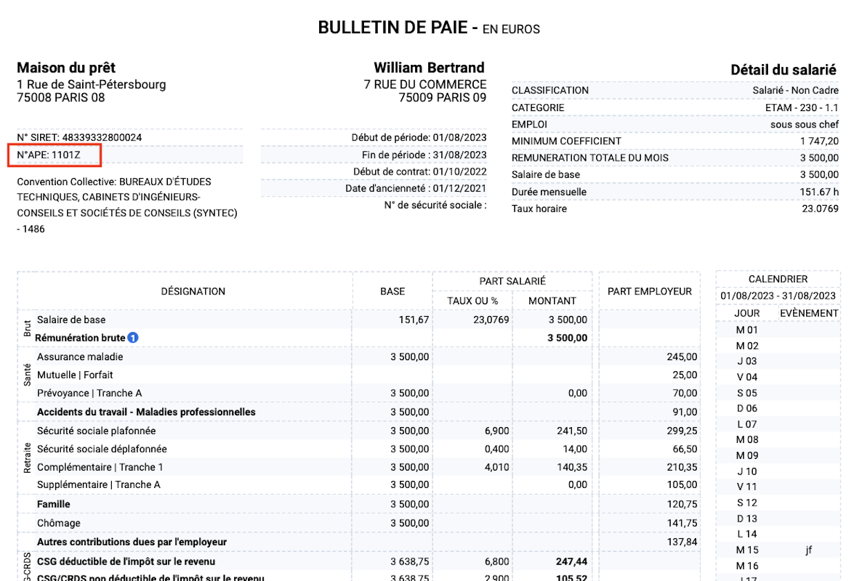 code entreprise sur la fiche de paie