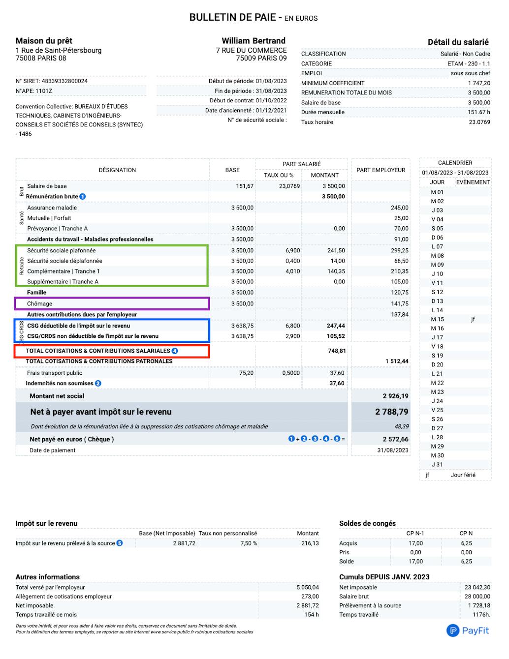 charges salariales sur la fiche de paie