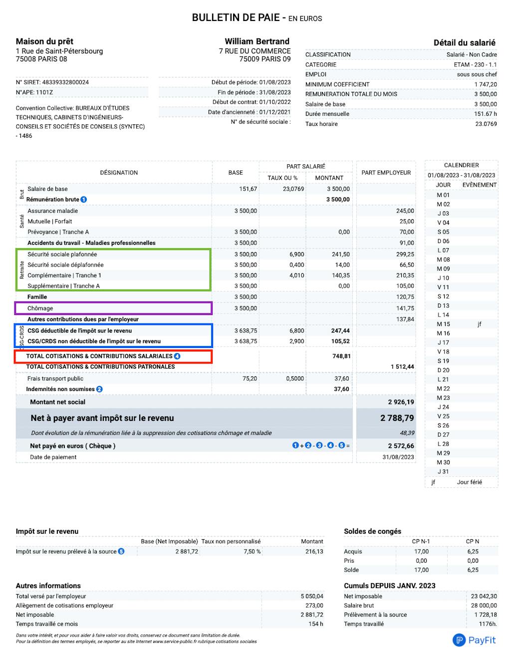 charges salariales sur la fiche de paie