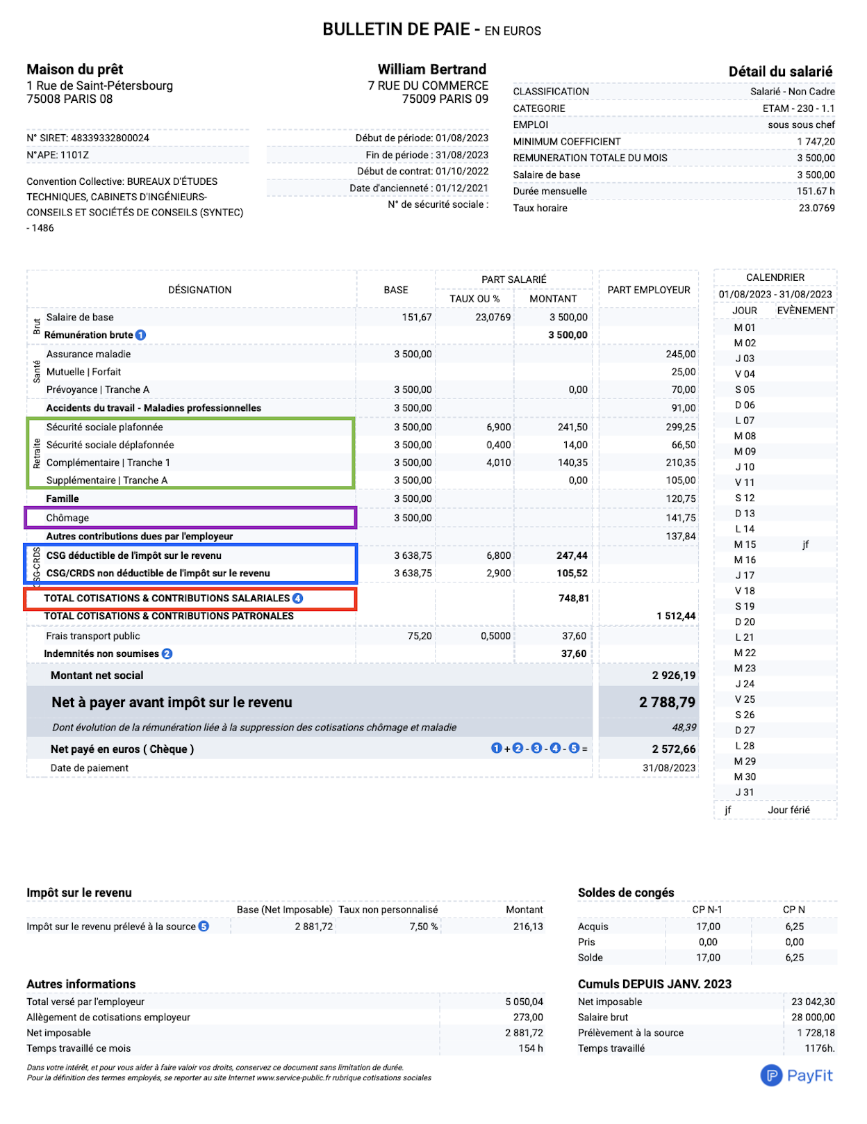 charges salariales sur la fiche de paie