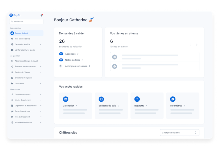 Image du tableau de bord du logiciel PayFit, affichant les informations essentielles sur la gestion de la paie et des ressources humaines.