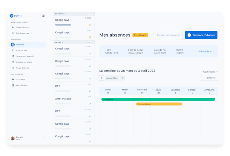 Capture d'écran de la section Absences du logiciel PayFit, offrant des outils de gestion des absences pour les employés et les ressources humaines.