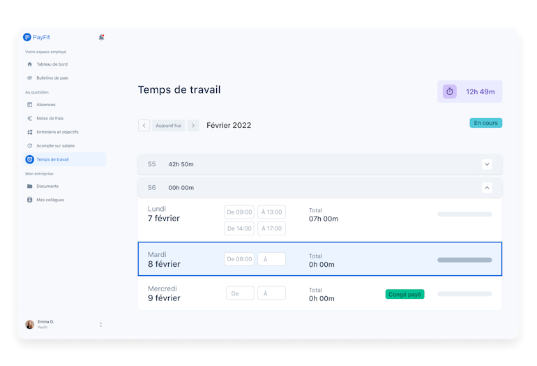 Capture d'écran de la section temps de travail du logiciel PayFit, offrant des outils de gestion du temps de travail pour les employés et les ressources humaines.