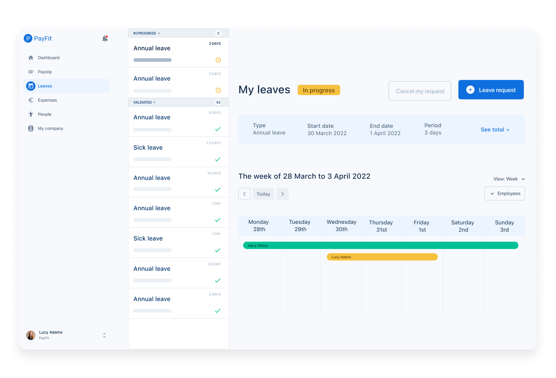 Leaves & absences dashboard UI element from PayFit app