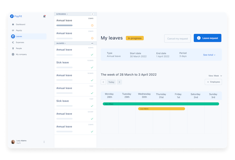 Leaves & absences dashboard UI element from PayFit app