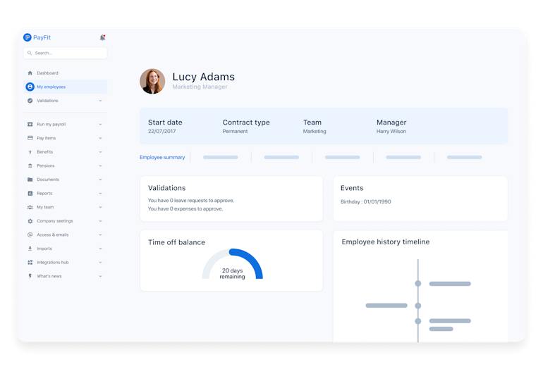 Employess dashboard UI element from PayFit app