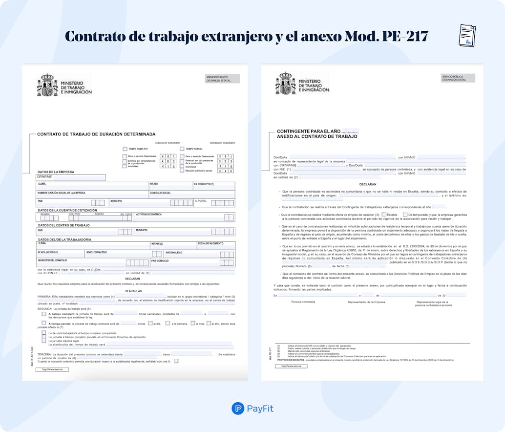 Contrato y anexo para contratar a un extranjero