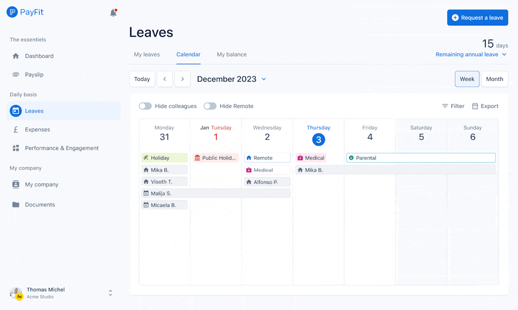 Payfit employee absence space calendar