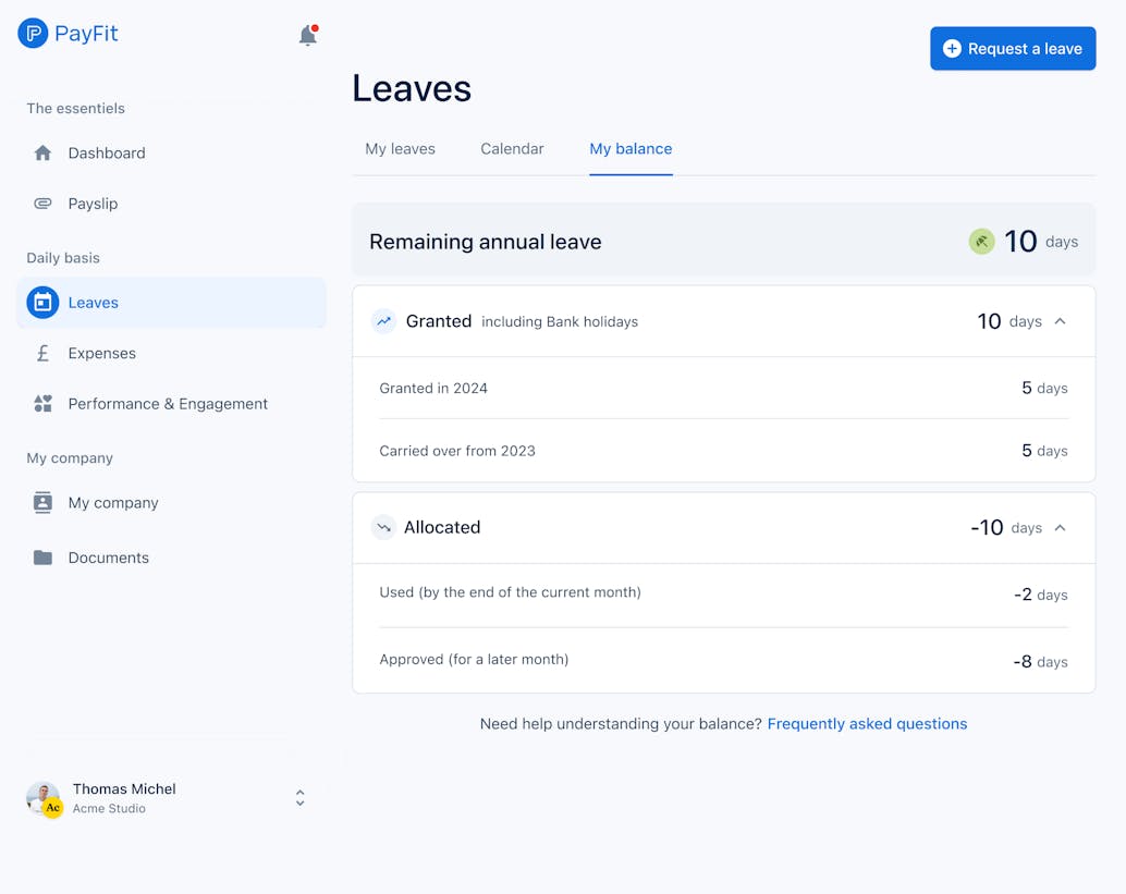 view of the leave and absence function