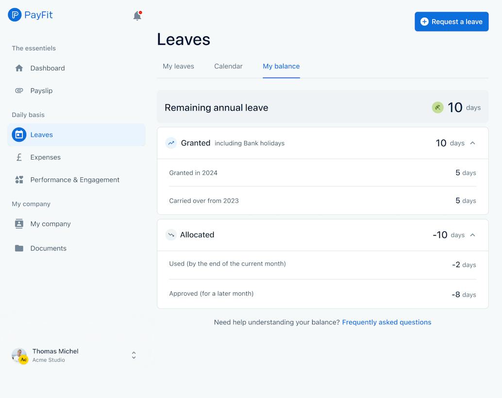 view of the leave and absence function
