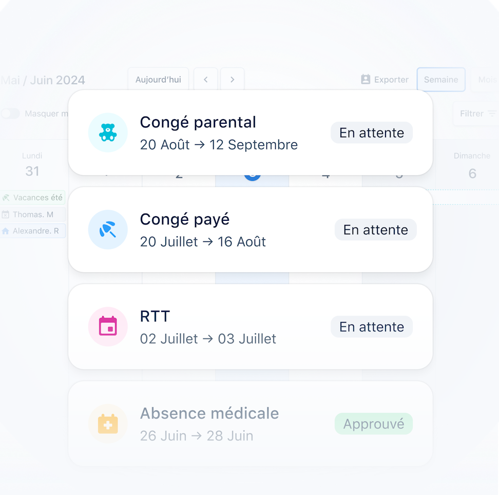 Illustration d'un planning d'employé sur lequel figure une demande de congé parental, de congés payés et de RTT en attente de validation ainsi qu'une absence médicale approuvée.