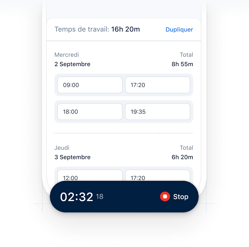 Illustration montrant l'application PayFit sur mobile, on y voit une pointeuse numérique.