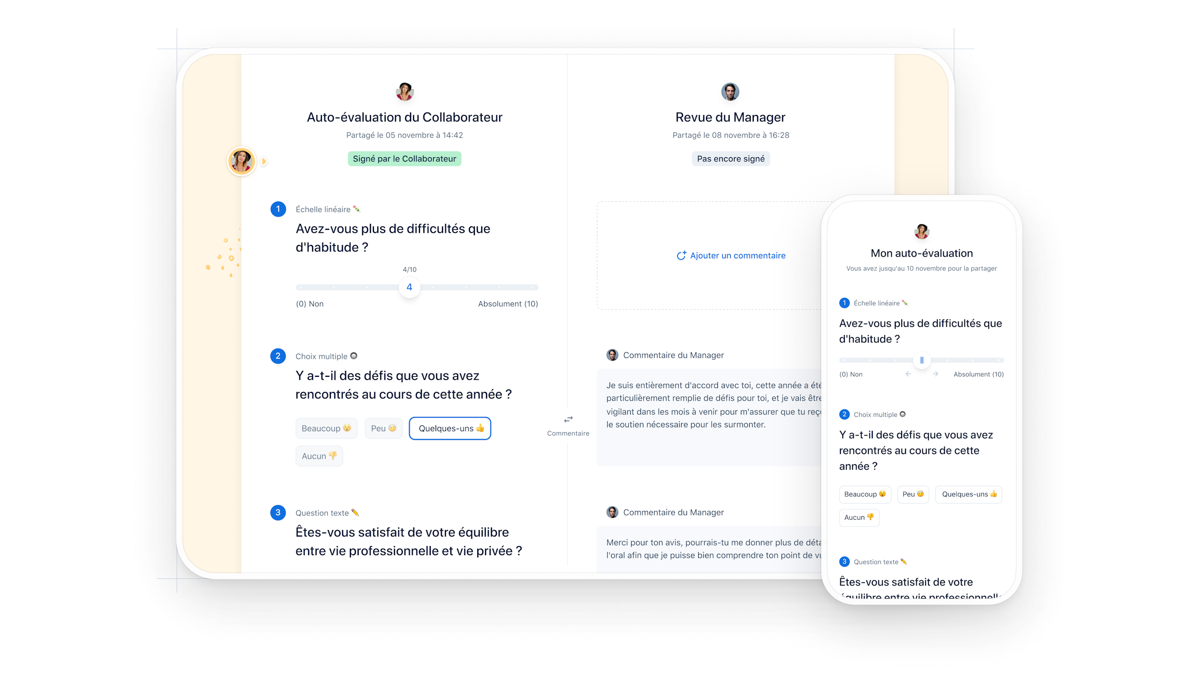 Illustration d'une capture d'écran du logiciel de paie et d'un mobile sur lequel on voir un questionnaire sur le ressenti au travail d'un employé.