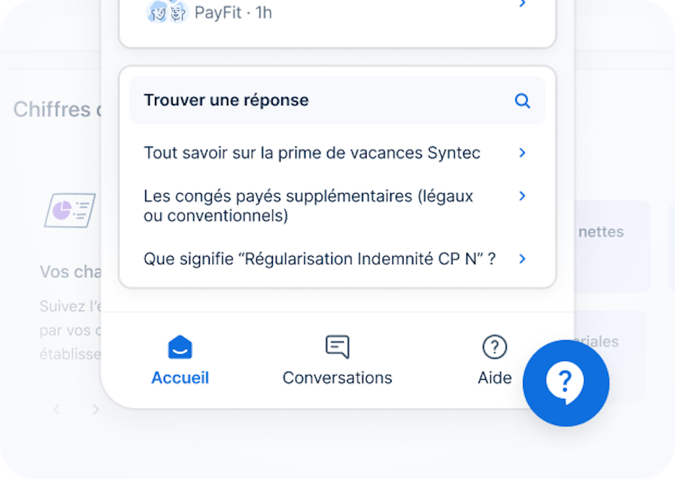 Image illustrant le support disponible dans l'application; on y voit des exemples de questions fréquentes..