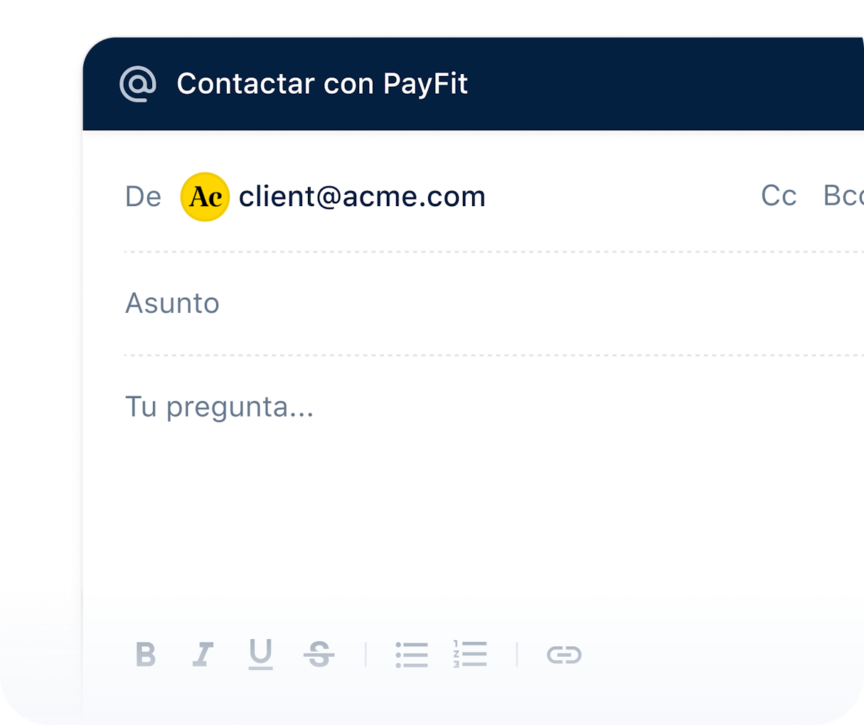 Grabación de pantalla de un correo electrónico dirigido al soporte de PayFit
