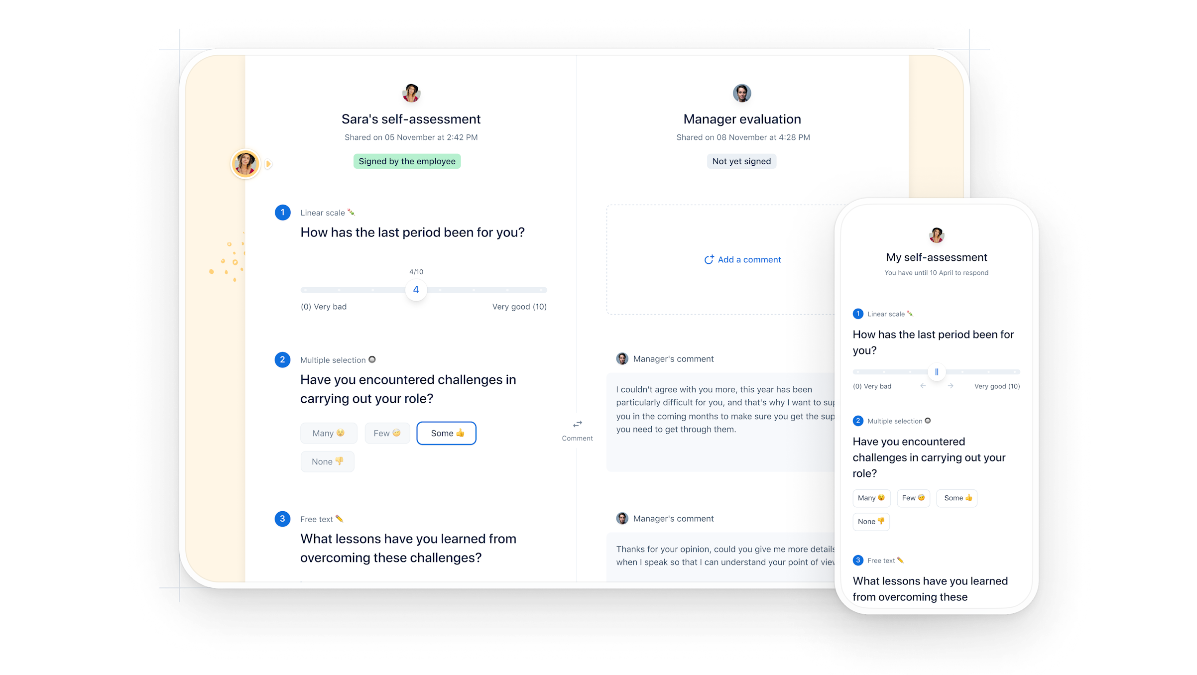 Screenshot of the performance management module, showcasing the form the employee will fill.