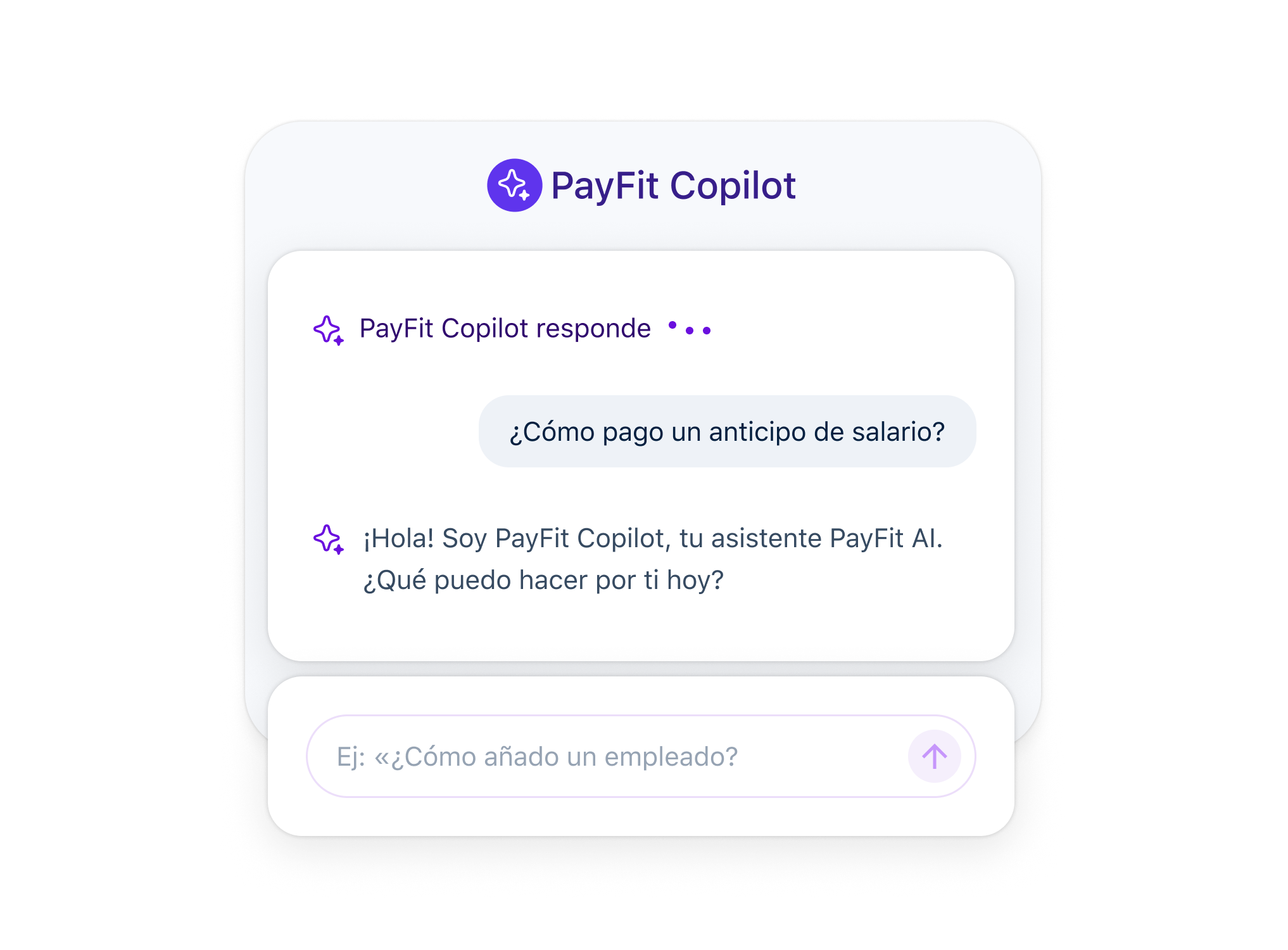 Interfaz de chat de PayFit Copilot. Un usuario pregunta: '¿Cómo pago un anticipo de salario?'. PayFit Copilot, el asistente de inteligencia artificial de PayFit, responde con un mensaje de bienvenida y pregunta en qué puede ayudar al usuario.