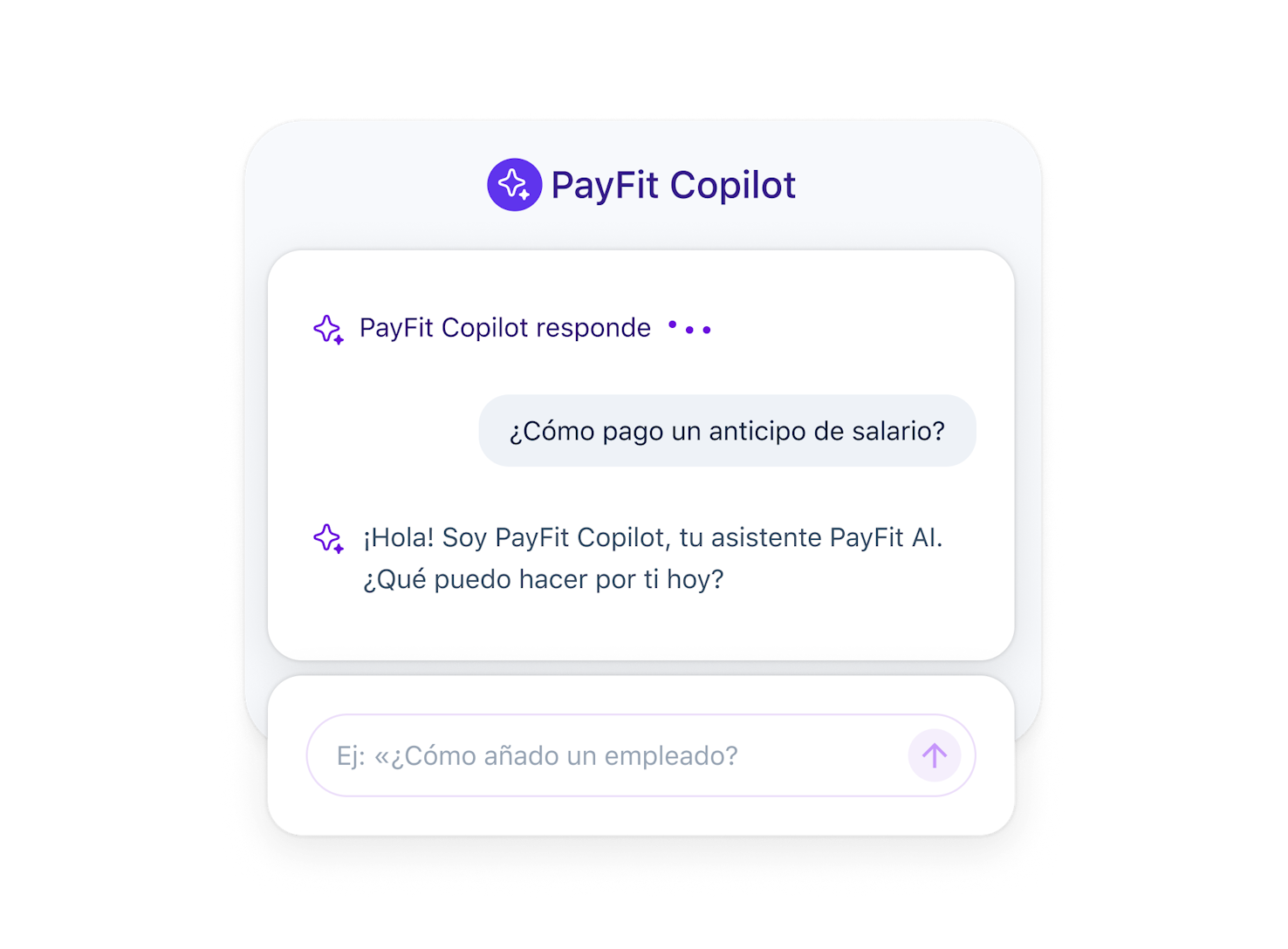 Interfaz de chat de PayFit Copilot. Un usuario pregunta: '¿Cómo pago un anticipo de salario?'. PayFit Copilot, el asistente de inteligencia artificial de PayFit, responde con un mensaje de bienvenida y pregunta en qué puede ayudar al usuario.