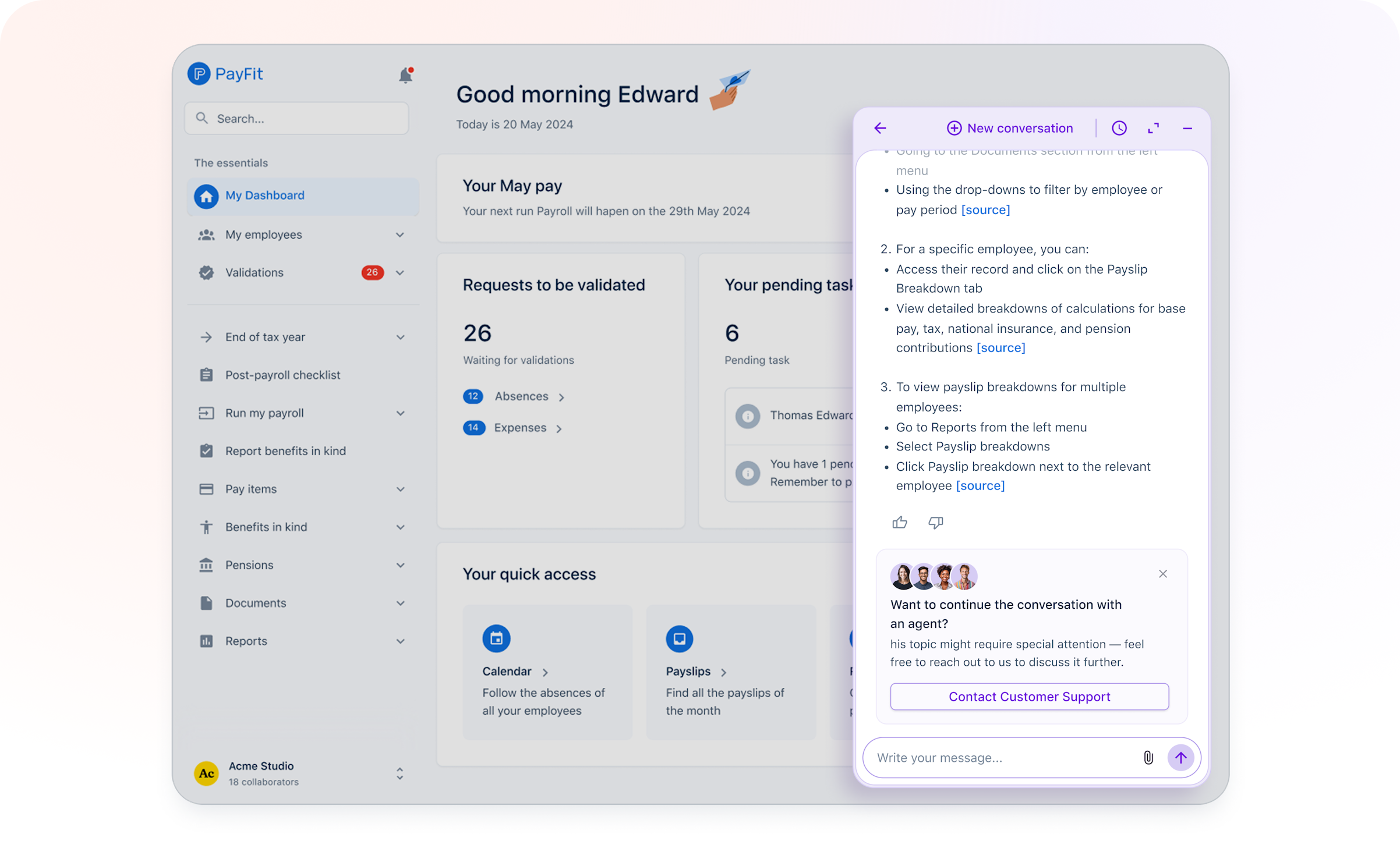 PayFit interface screenshot displaying a chat with guidance on filling out an employee onboarding form and a customer support link.