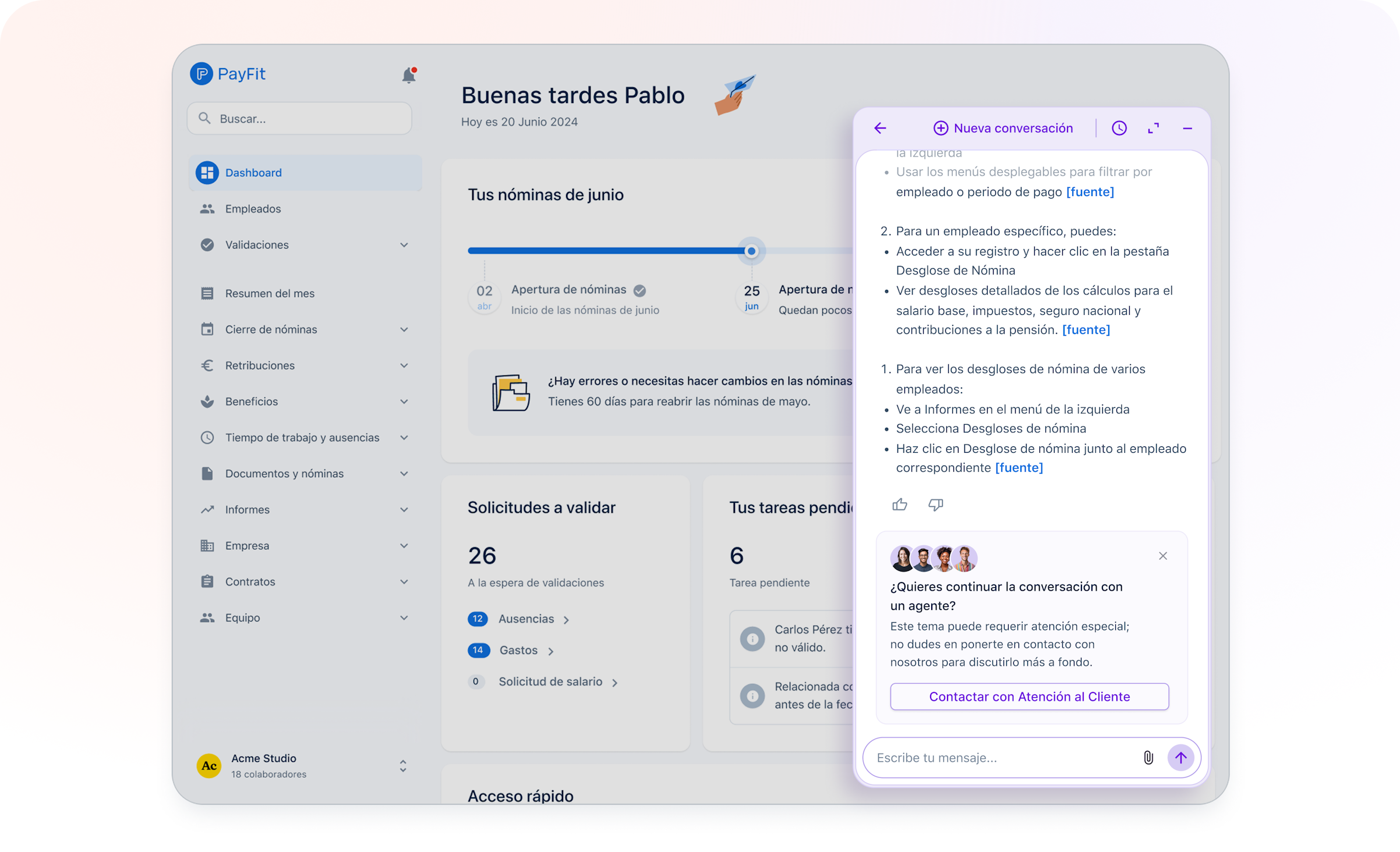 Captura de pantalla de la interfaz de PayFit, mostrando una ventana de chat con PayFit Copilot