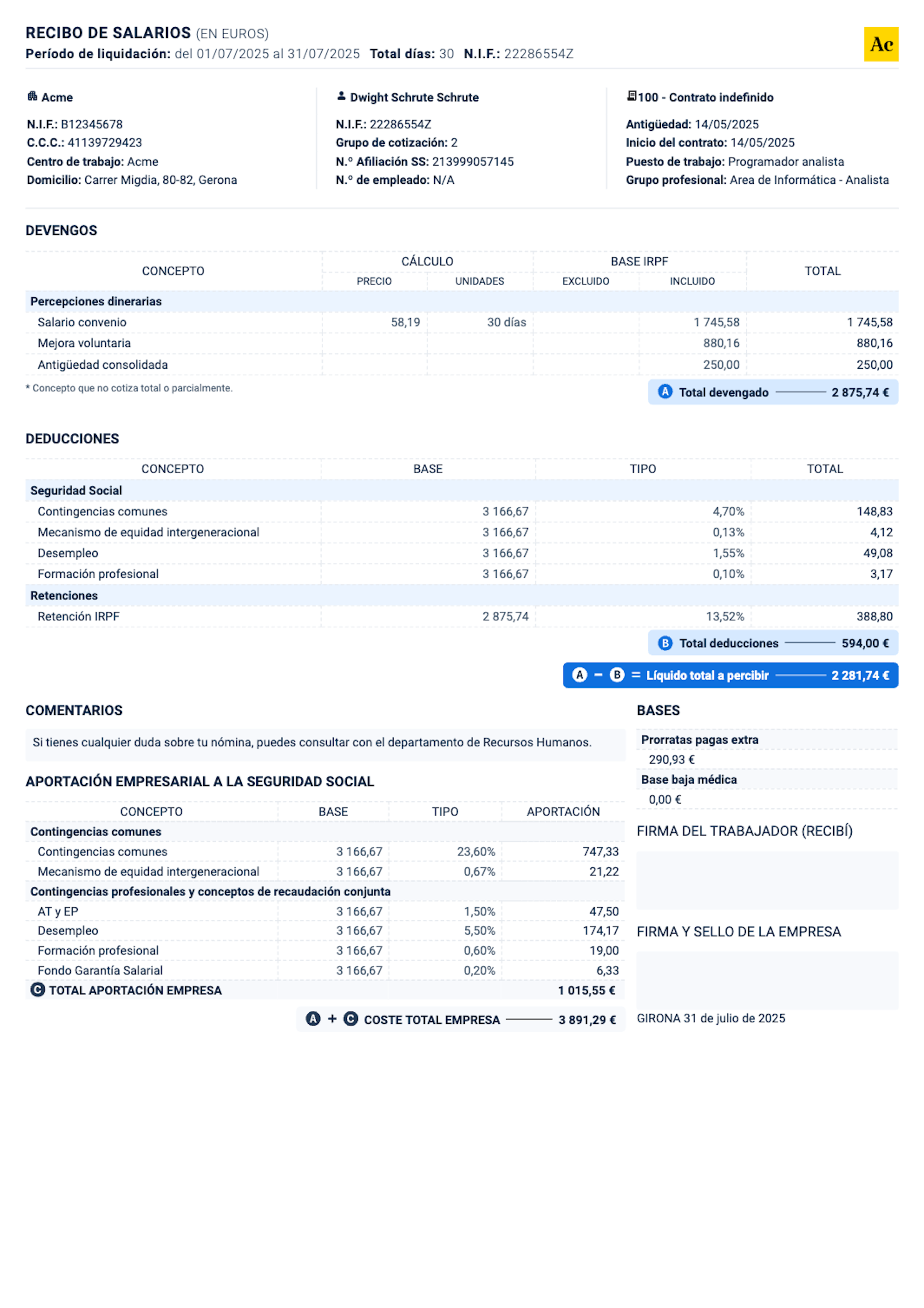 Documento de recibo de salarios