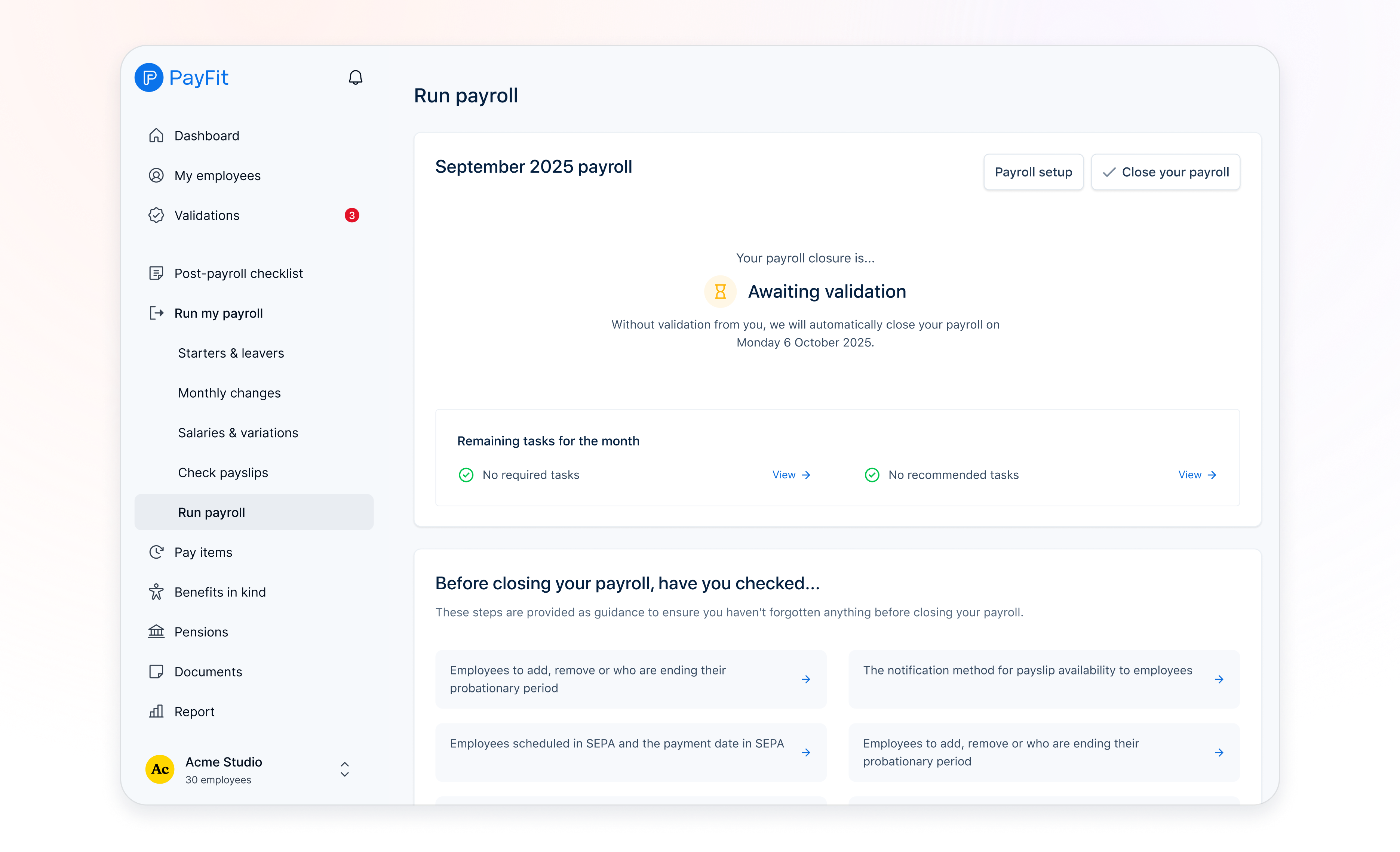 screenshot of the Run payroll feature on the PayFit app 