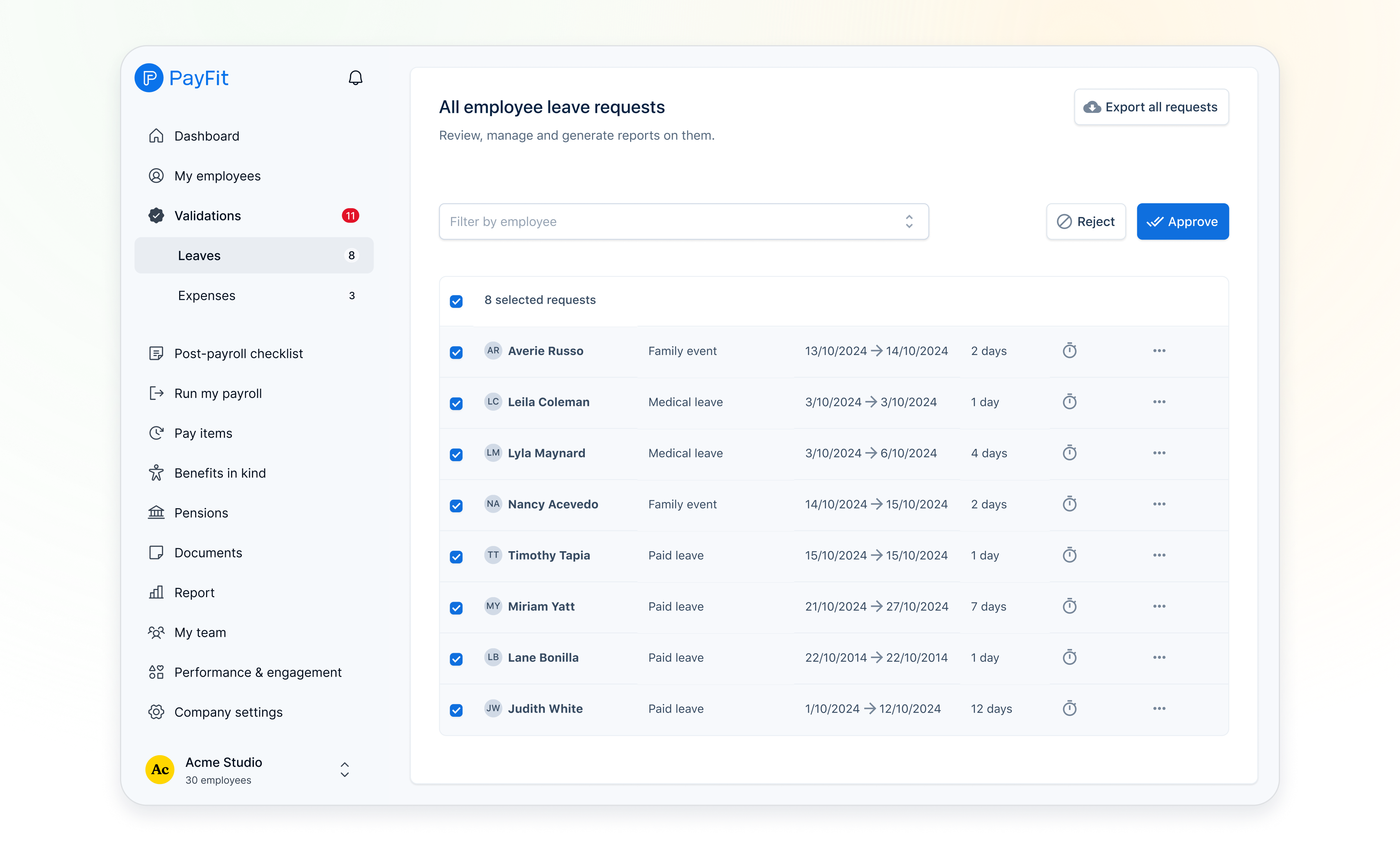 A PayFit dashboard highlighting the absence request management feature