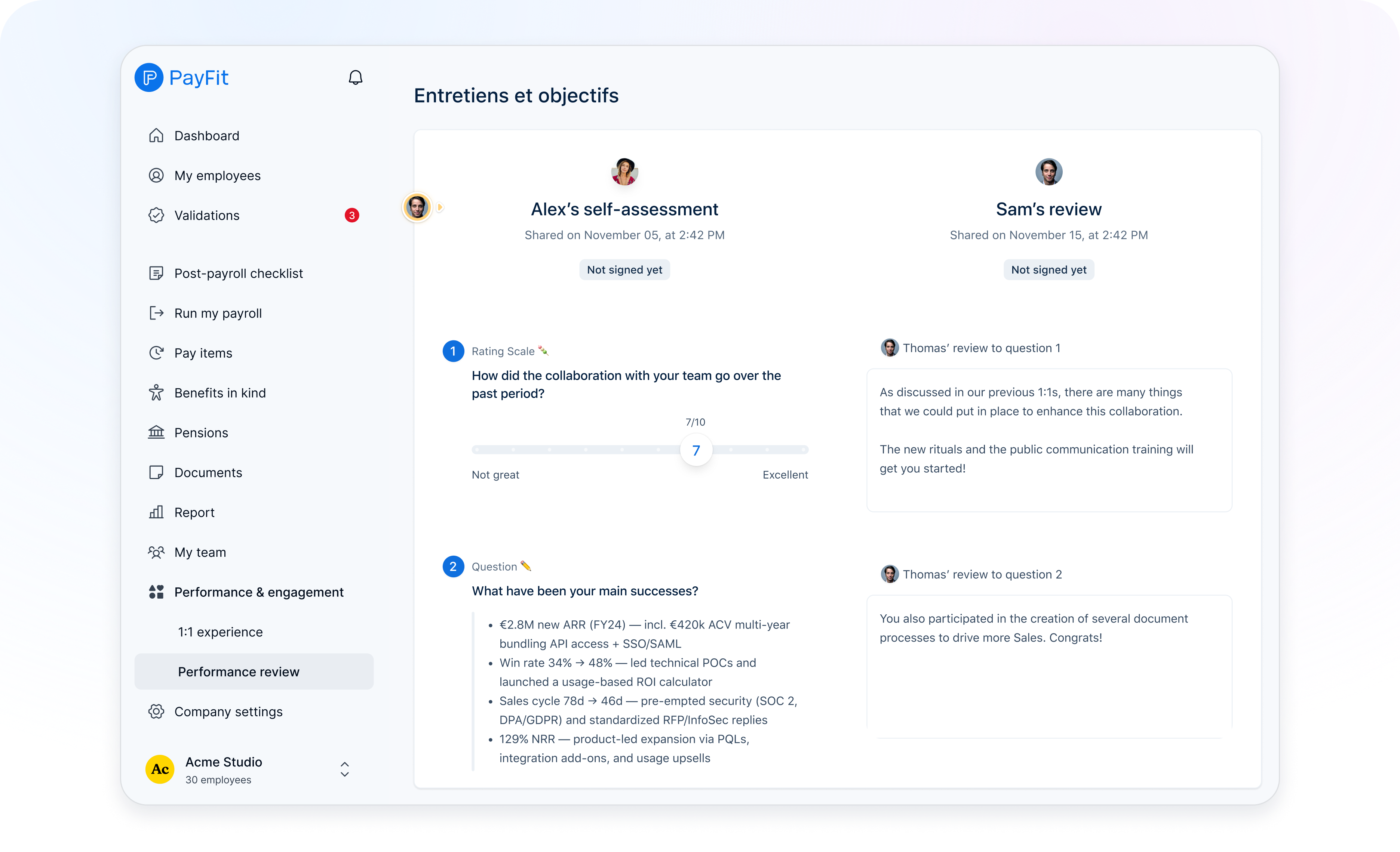 A PayFit dashboard highlighting the "Interviews and Goals" feature.