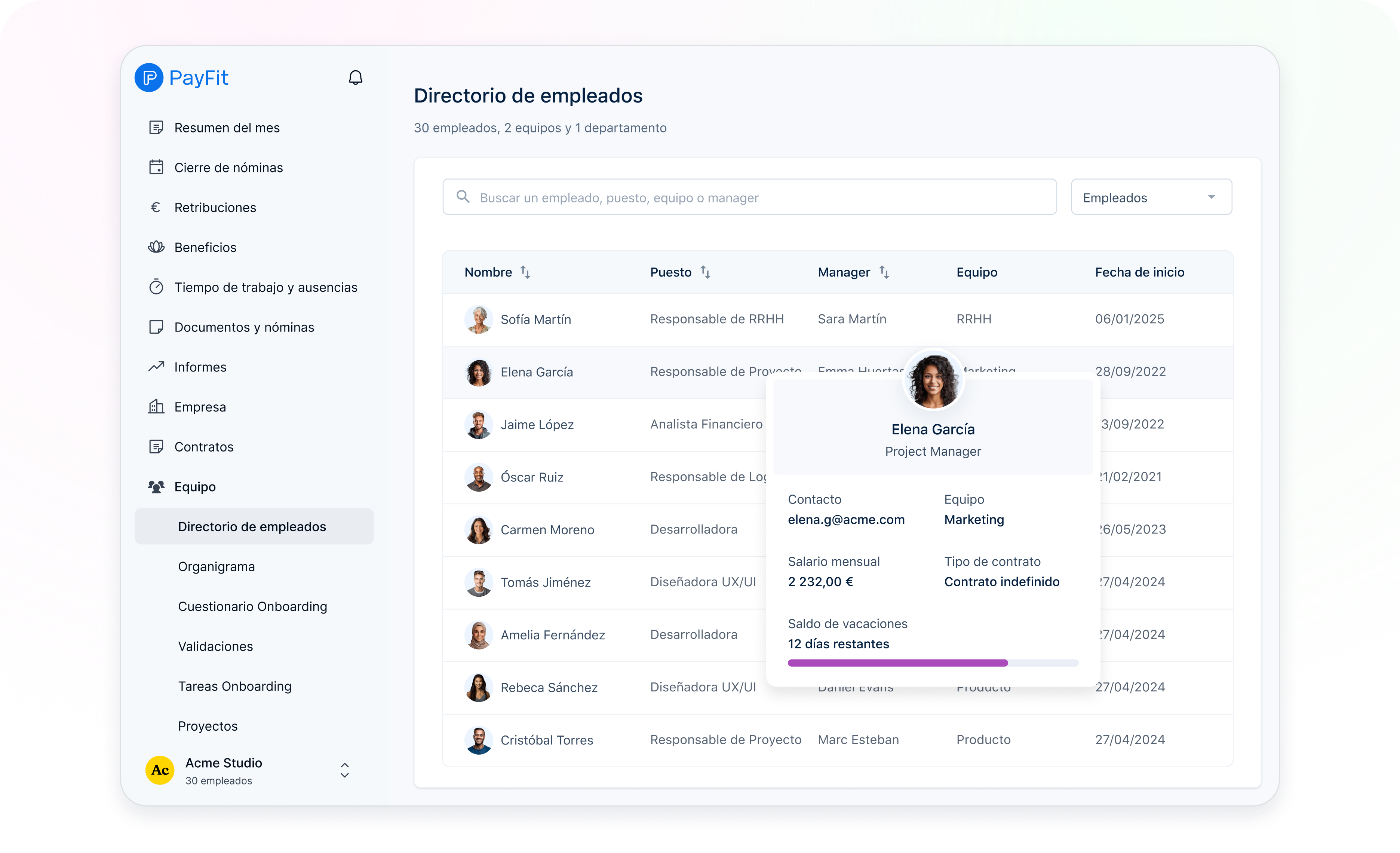 Panel de PayFit que pone en valor la funcionalidad de gestión del personal.