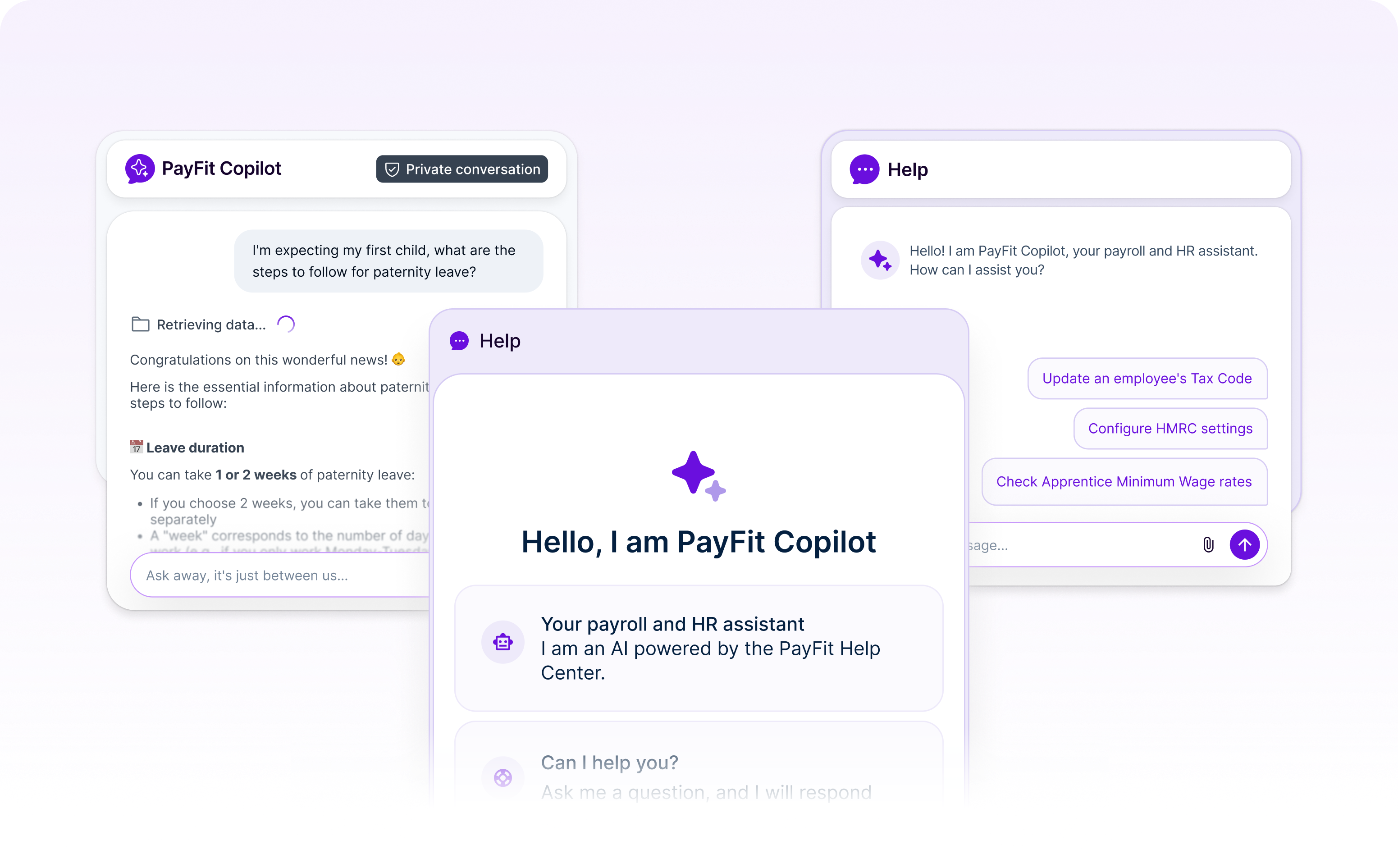 PayFit Copilot welcome screen and uses cases