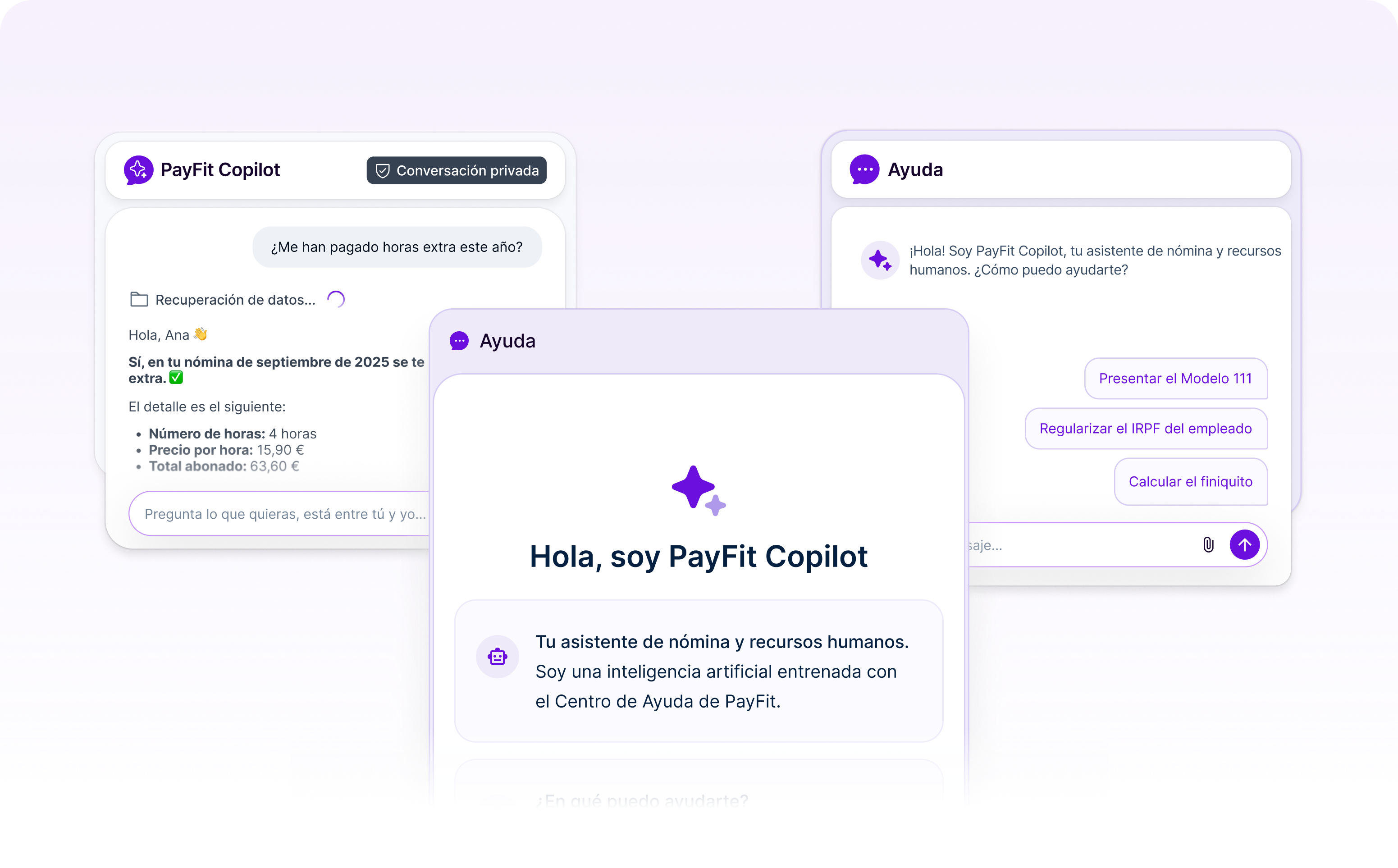 PayFit Copilot welcome screen and uses cases