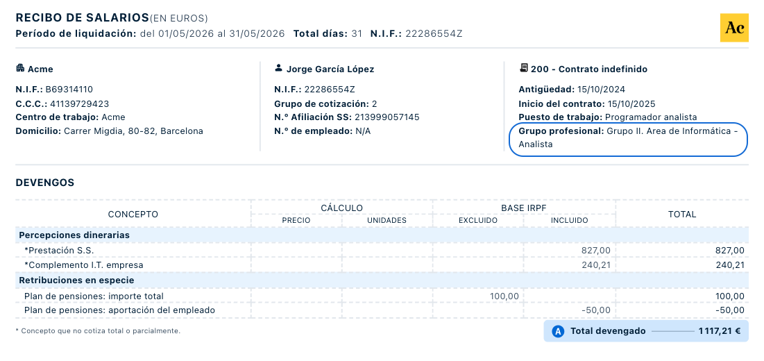 Ejemplo de nómina del grupo de cotización