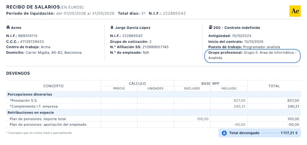 Ejemplo de nómina del grupo de cotización