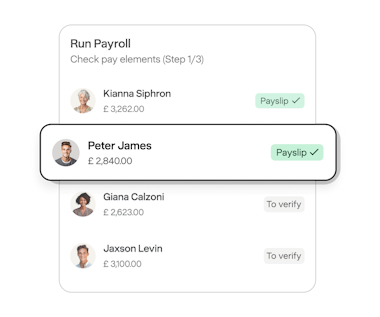Payfit run payroll screen listing employees with their net pay and payslip status