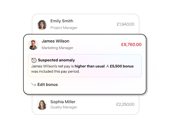 Payfit AI flagging a suspected anomaly on an employee net pay