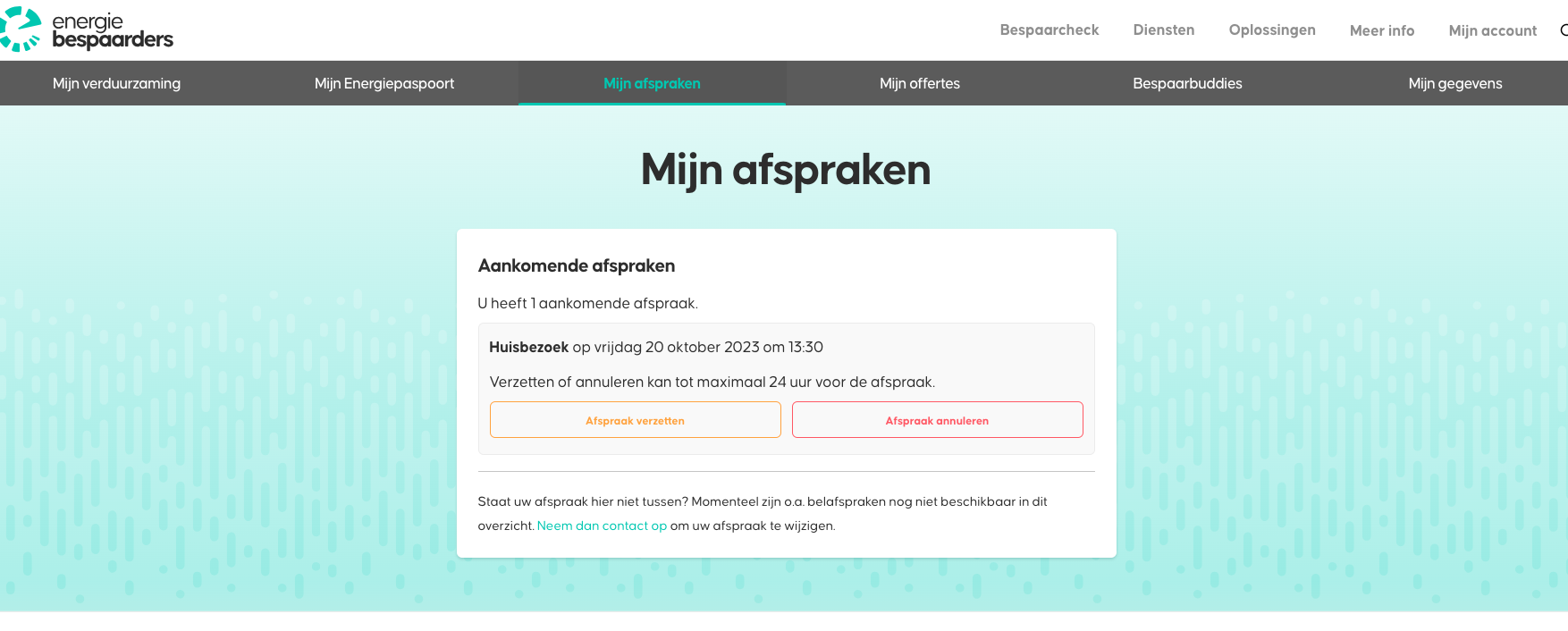 De "Mijn afspraken" pagina uit het klantaccount