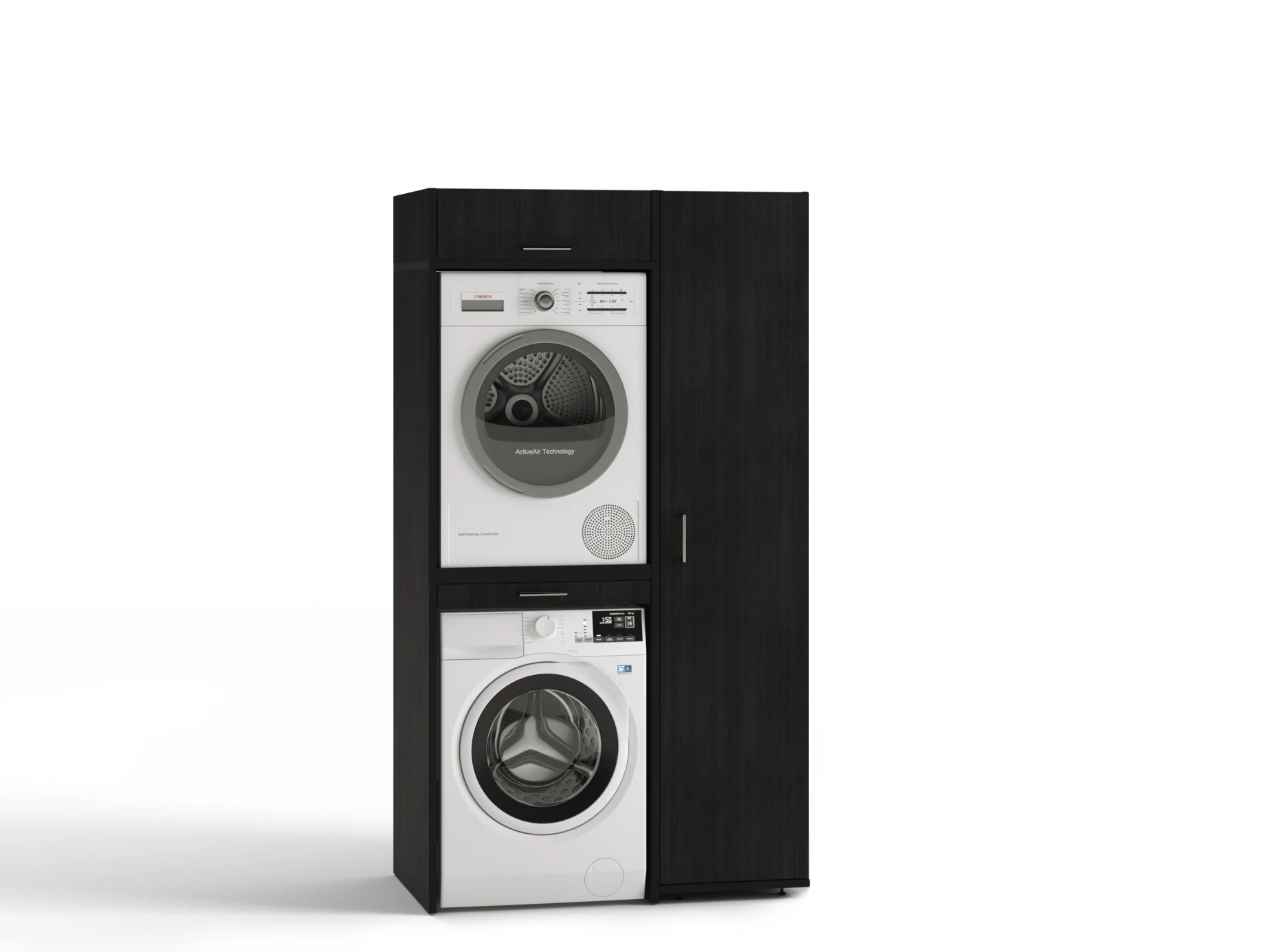 Black washing machine and dryer tower wall with single long cupboard