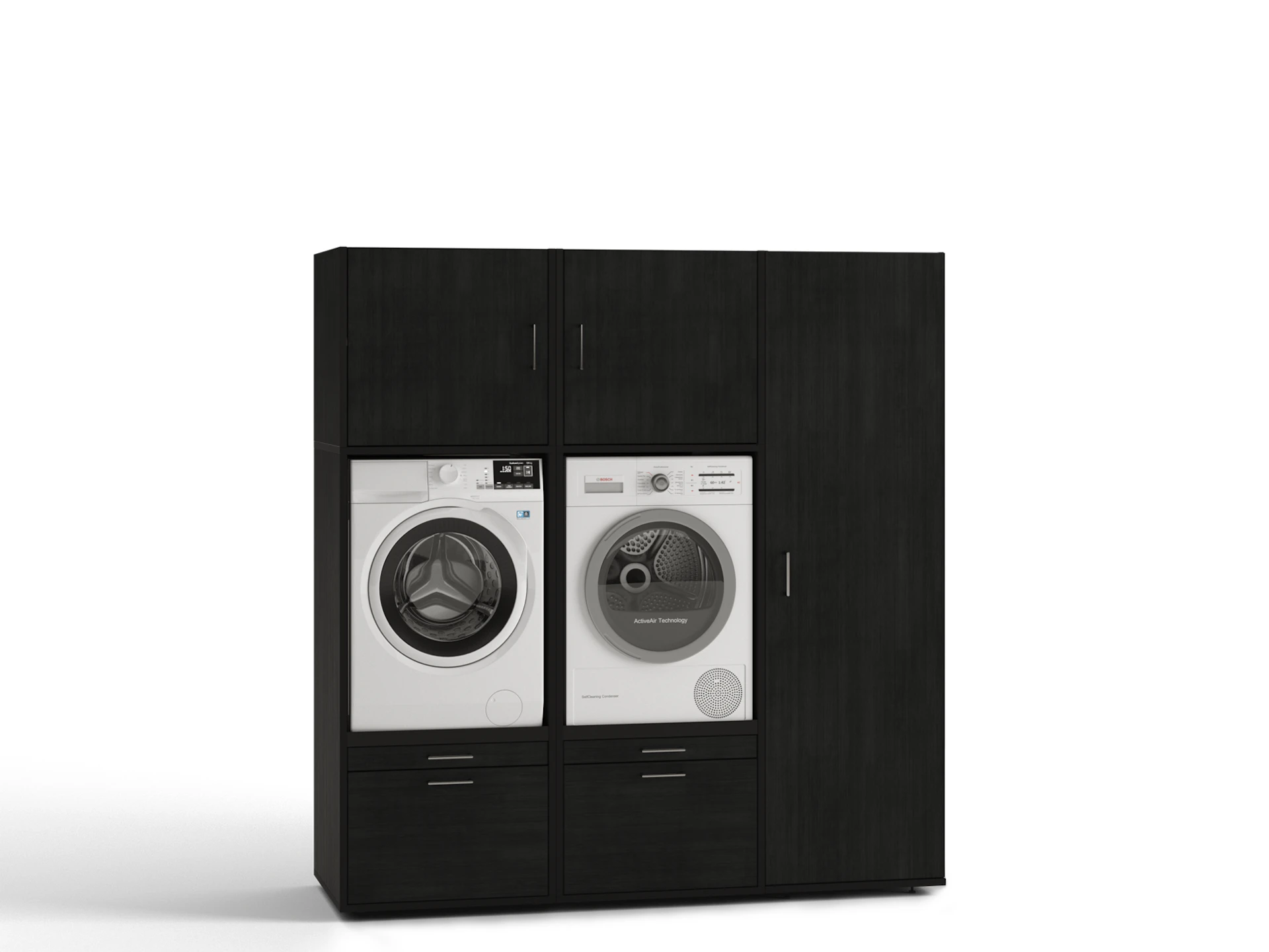 Black washing machine and dryer cupboard wall with single long cabinet