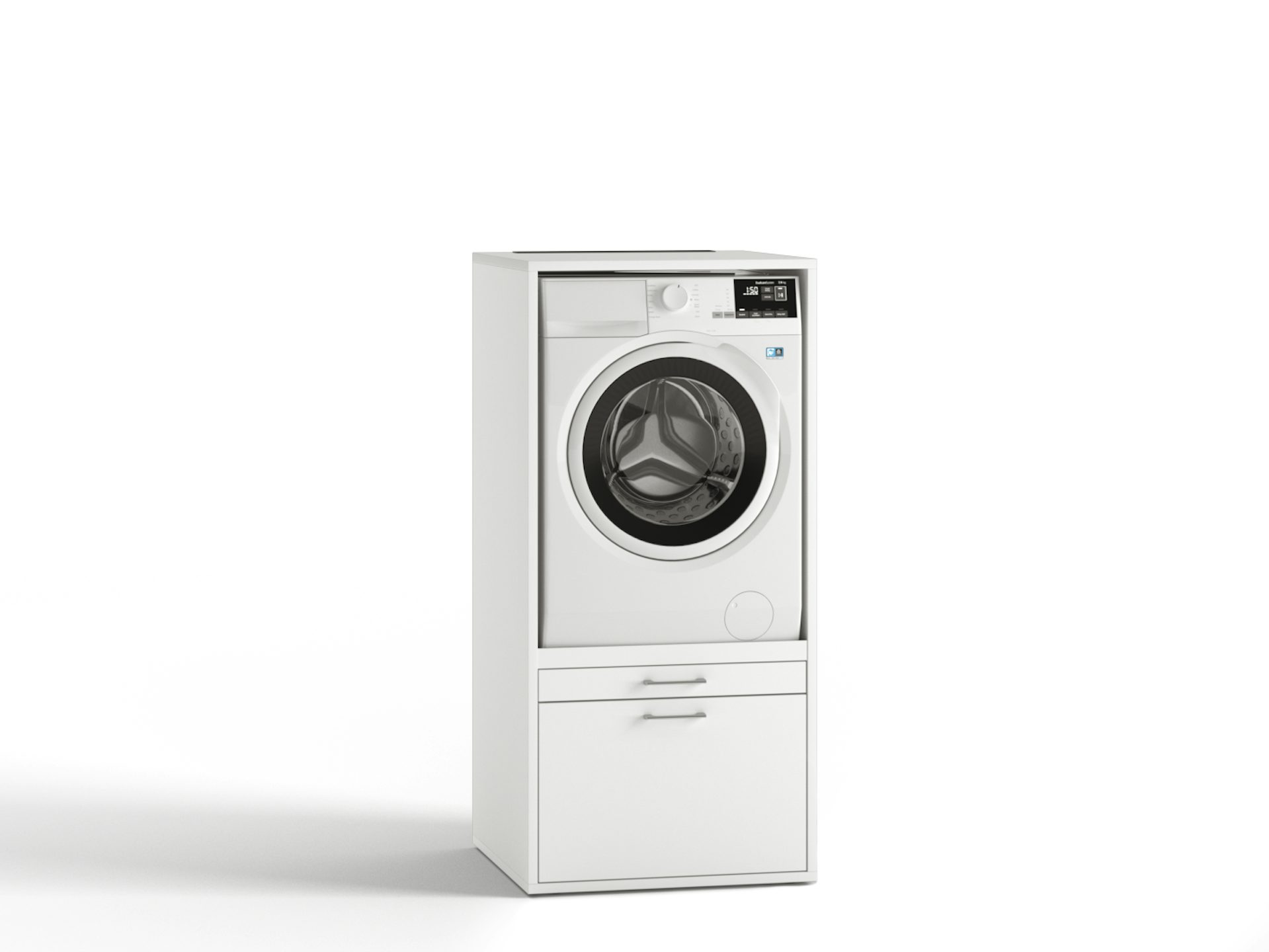 weißer erhöhter Waschmaschinenschrank mit Ausziehplatte