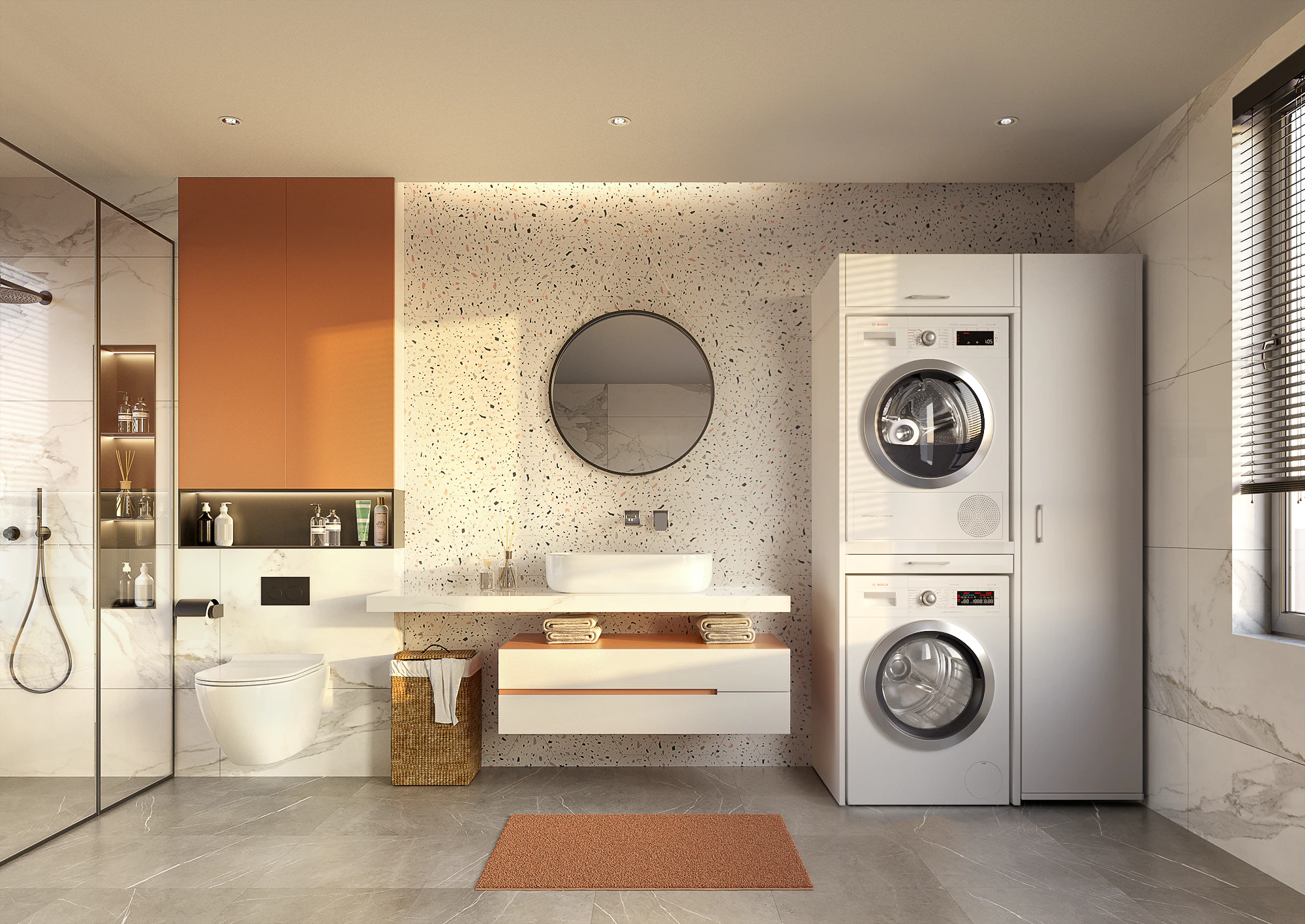 Lifestyle picture of white washing machine and dryer tower wall with single long cupboard