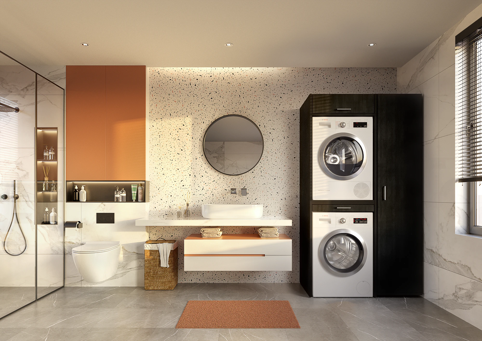 Lifestyle picture of black washing machine and dryer tower wall with single long cupboard