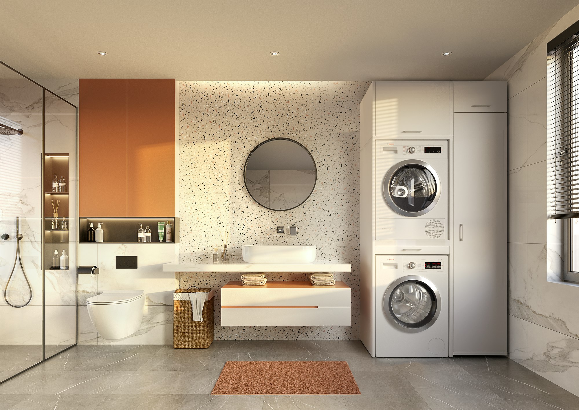 Meuble de salle de bains QUBO colonne buanderie (pour lave-linge et  sèche-linge) blanc matrix avec plan Sherwood