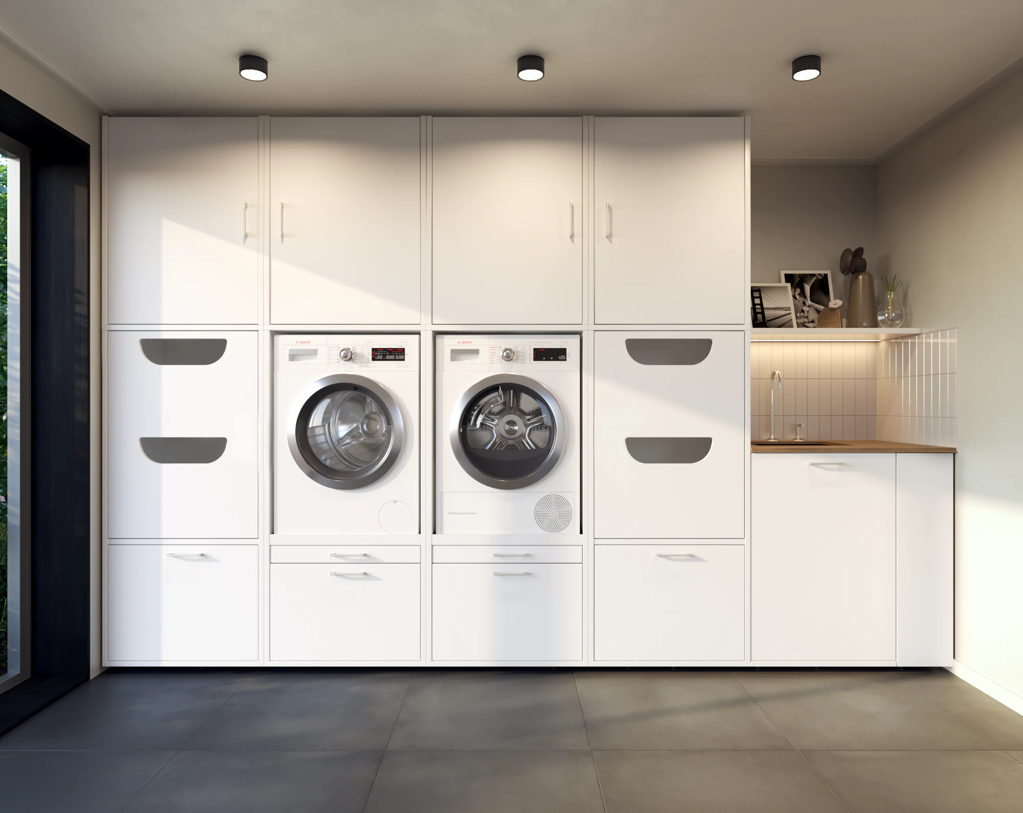 Lifestyle white washing machine and dryer wall cupboard with closed laundry basket cabinet in scullery