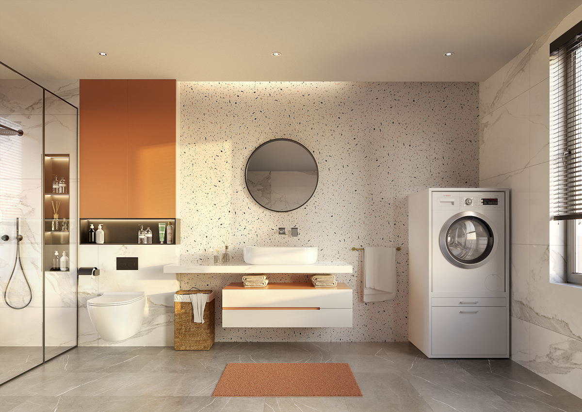 Washing machine cupboard with pullout tray Washtower